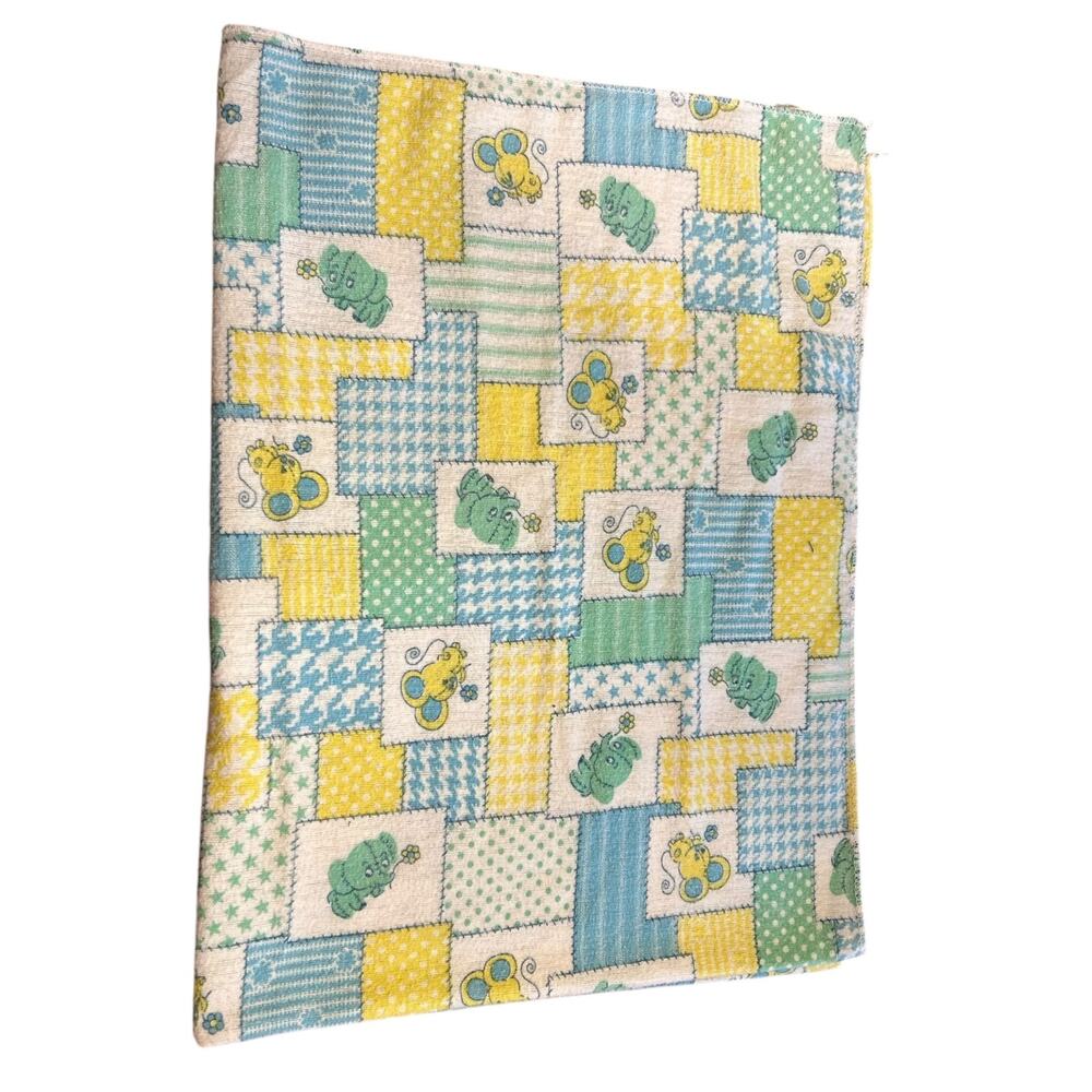 Vtg Baby Security Blanket Pastel Square Pattern Elephants Mice Blue Yellow Green